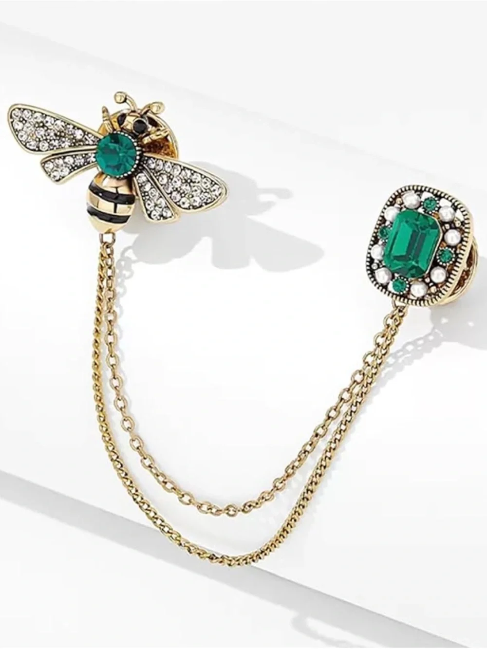 Gold Bee Chain Brooch with Emerald Green